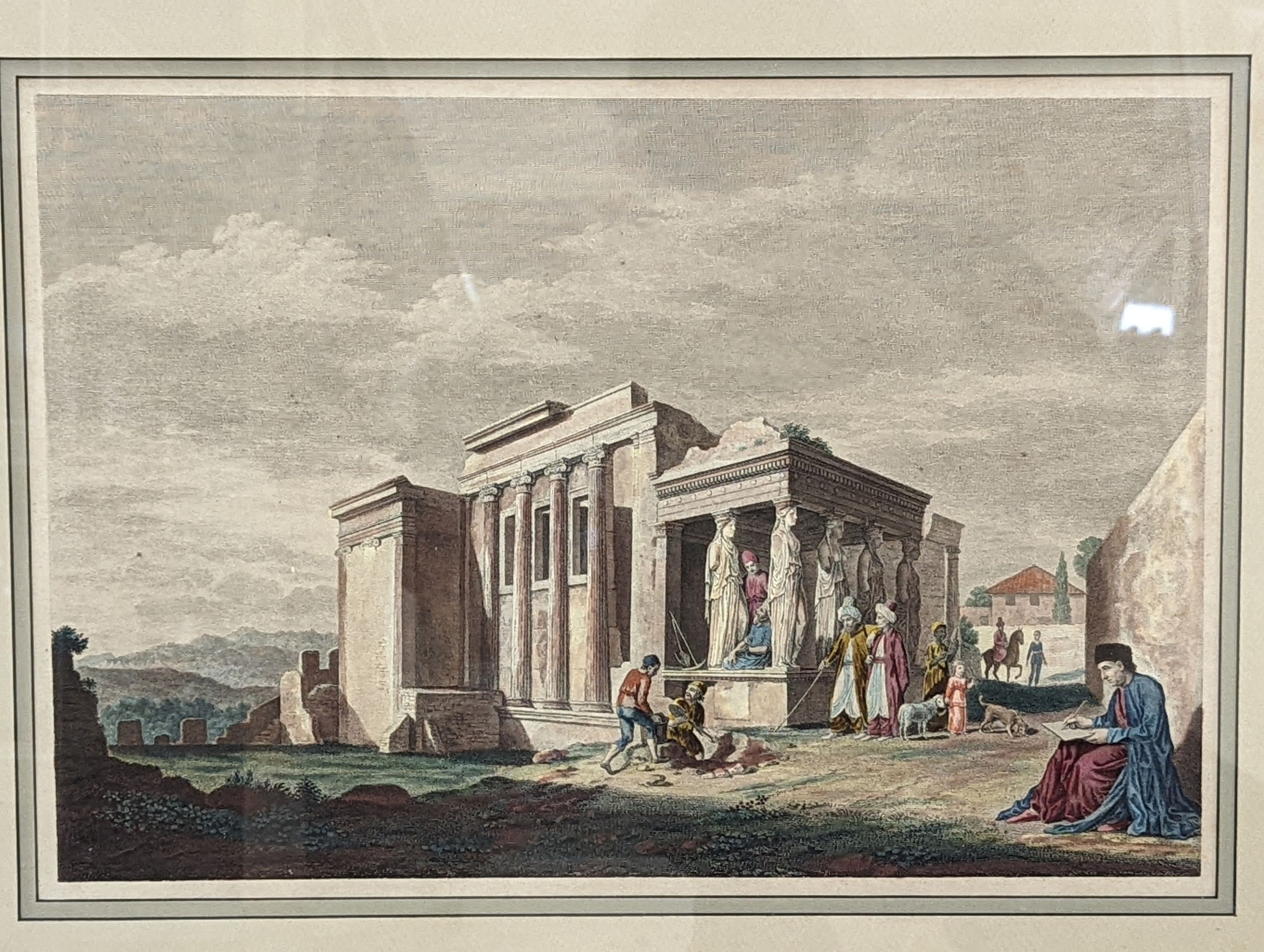 After Stuart & Revett, pair of hand coloured engravings of figures amongst Greek temples, 30 x 45cm